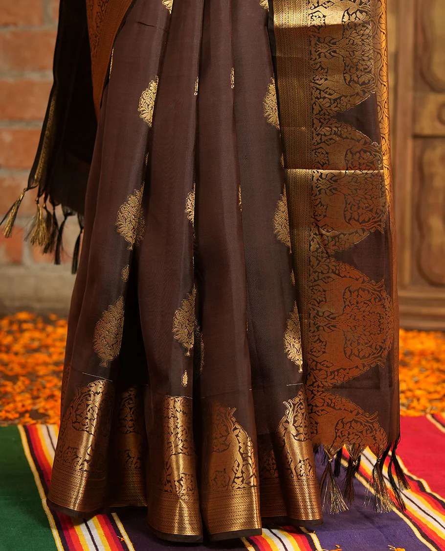 Brown Vasundhara Lite-Silk Mix Saree, Elevated with Zari Buttas All Over Its Body, Highlighted by Zari Border of Neli, Kuyil Kann, Kathir, and Maan Designs, Gracefully Embellished Pallu of Jaal Design, and Paired with a Matching Blouse - Image 5