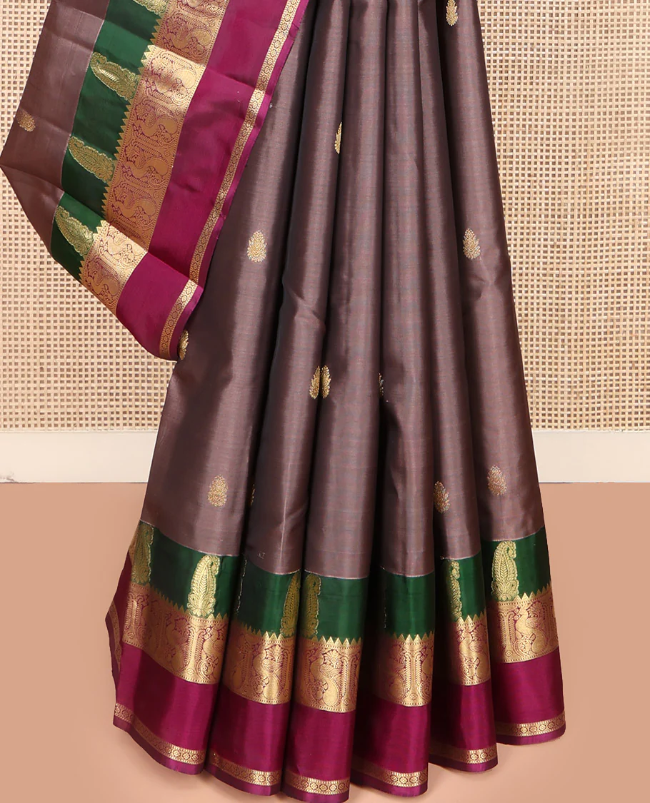 Brown Vasundhara Lite Silk Mix Saree, Graced with Zari Buttas All Over Its Body, Complemented by a Contrast Rettai Pettu Border of Manga, Rekku, Mayil, and Kamalam Designs, Grandly Woven Pallu, and Paired with a Contrast Blouse - Image 3