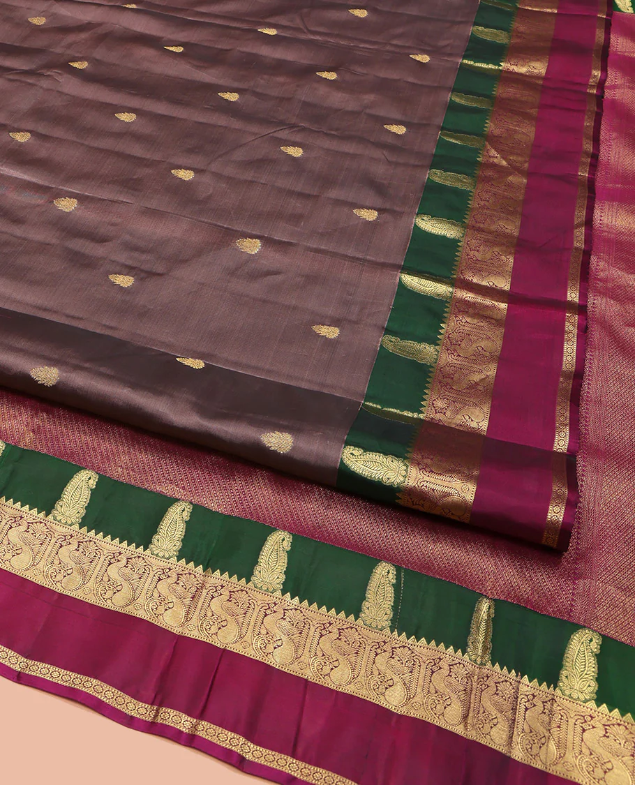 Brown Vasundhara Lite Silk Mix Saree, Graced with Zari Buttas All Over Its Body, Complemented by a Contrast Rettai Pettu Border of Manga, Rekku, Mayil, and Kamalam Designs, Grandly Woven Pallu, and Paired with a Contrast Blouse - Image 6