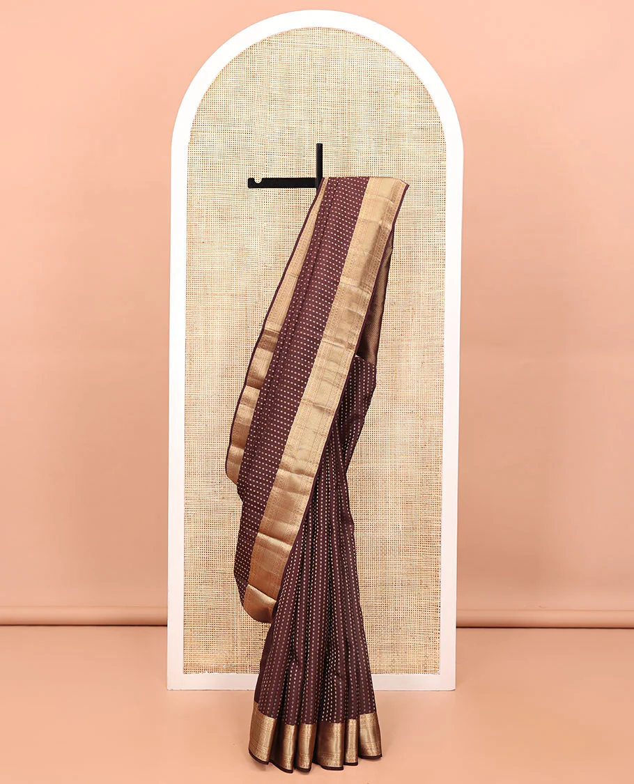 Brown Vasundhara Lite Silk Mix Saree, Masterfully Woven with Zari Buttas All Over Its Body, Highlighted by a Zari Border of Rettai Neli, Poun, Banaras, Manga, and Mayil Kann Designs, Grand Pallu, and Paired with a Matching Blouse