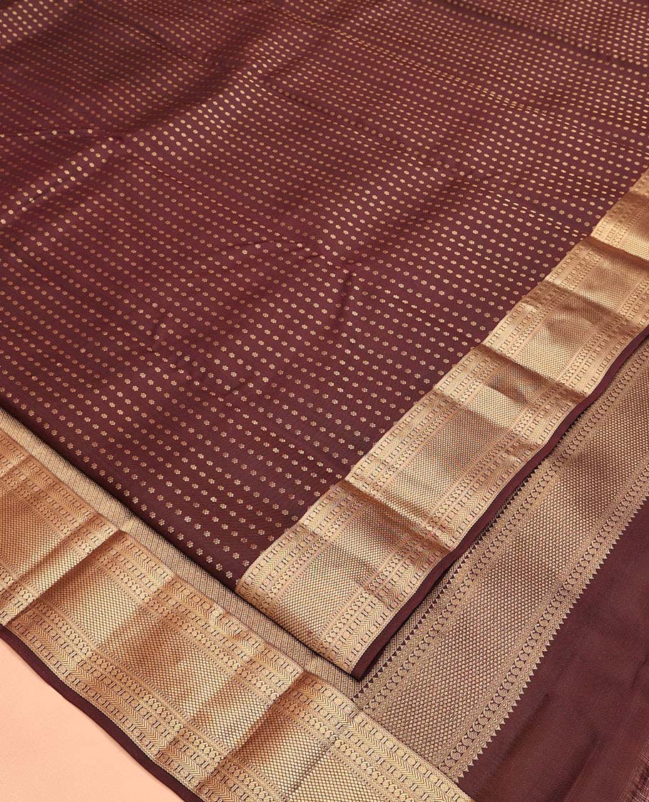 Brown Vasundhara Lite Silk Mix Saree, Masterfully Woven with Zari Buttas All Over Its Body, Highlighted by a Zari Border of Rettai Neli, Poun, Banaras, Manga, and Mayil Kann Designs, Grand Pallu, and Paired with a Matching Blouse - Image 2