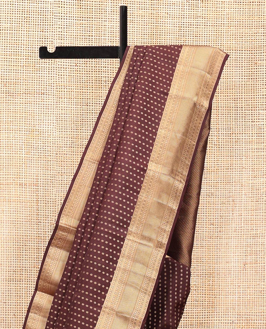 Brown Vasundhara Lite Silk Mix Saree, Masterfully Woven with Zari Buttas All Over Its Body, Highlighted by a Zari Border of Rettai Neli, Poun, Banaras, Manga, and Mayil Kann Designs, Grand Pallu, and Paired with a Matching Blouse - Image 3
