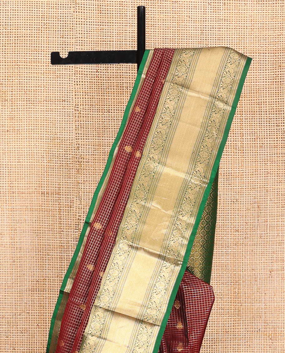 Brown Vasundhara Lite Silk Mix Saree, Meticulously Crafted with Zari Buttas and Checks On Its Body, Complemented by Contrast Border of Thilakam Mokku, Muthu, Banaras, Mayil, and Mayil Kann Designs, Grandly Decked Up Pallu and Paired with a Contrast Blouse - Image 3