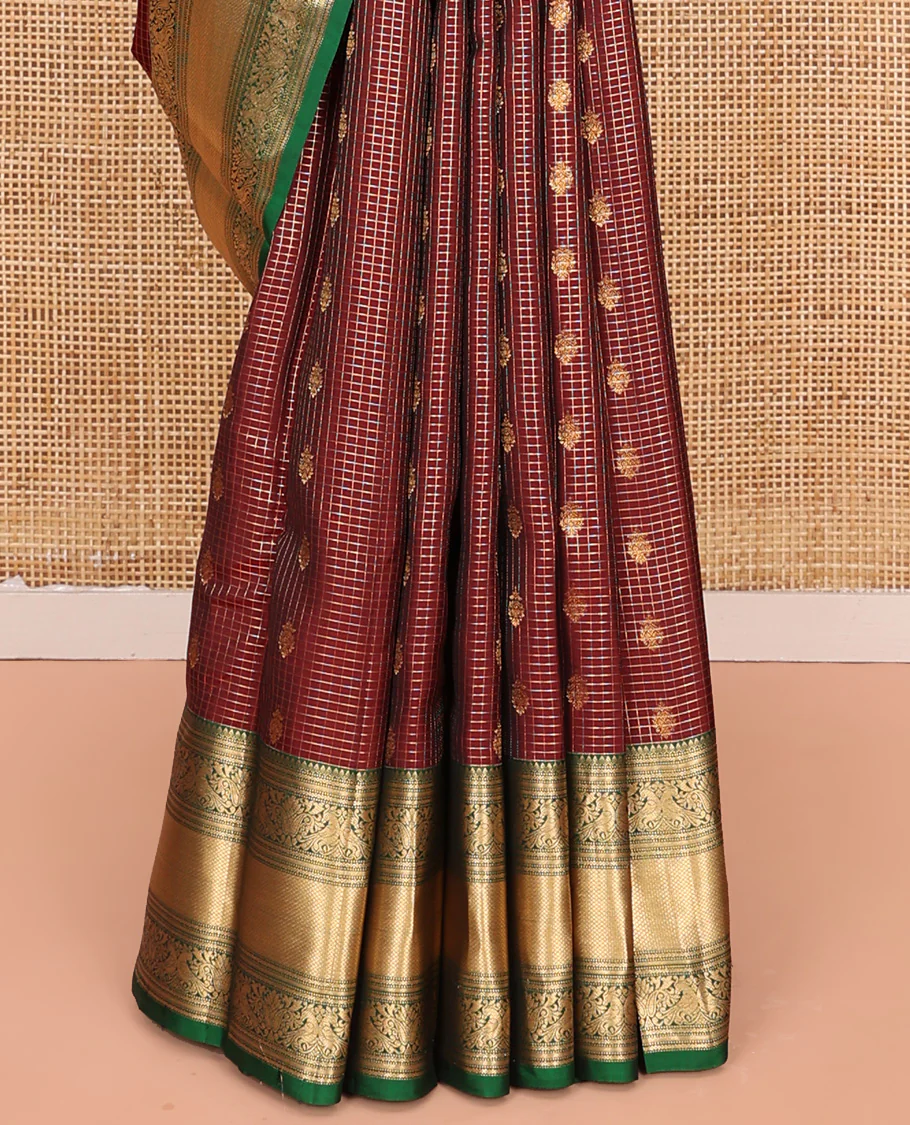 Brown Vasundhara Lite Silk Mix Saree, Meticulously Crafted with Zari Buttas and Checks On Its Body, Complemented by Contrast Border of Thilakam Mokku, Muthu, Banaras, Mayil, and Mayil Kann Designs, Grandly Decked Up Pallu and Paired with a Contrast Blouse - Image 4