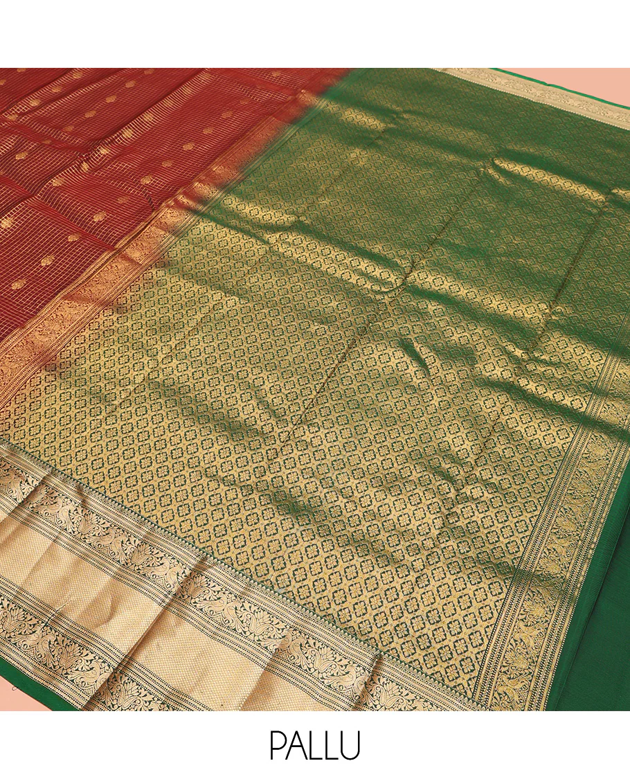 Brown Vasundhara Lite Silk Mix Saree, Meticulously Crafted with Zari Buttas and Checks On Its Body, Complemented by Contrast Border of Thilakam Mokku, Muthu, Banaras, Mayil, and Mayil Kann Designs, Grandly Decked Up Pallu and Paired with a Contrast Blouse - Image 5