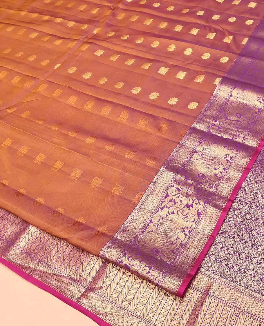Brown Vasundhara Lite Silk Mix Saree, Subtly Sparkled With Zari Buttas All Over Its Body, Complemented by Mayil Kann And Yaanai Designs, Grand Jaal Pallu and Paired with a Contrast Blouse - Image 2
