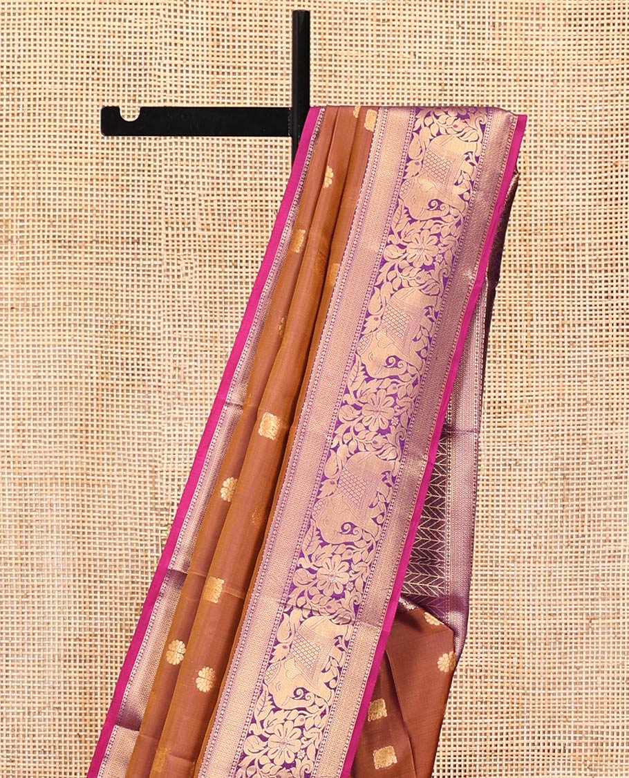 Brown Vasundhara Lite Silk Mix Saree, Subtly Sparkled With Zari Buttas All Over Its Body, Complemented by Mayil Kann And Yaanai Designs, Grand Jaal Pallu and Paired with a Contrast Blouse - Image 3