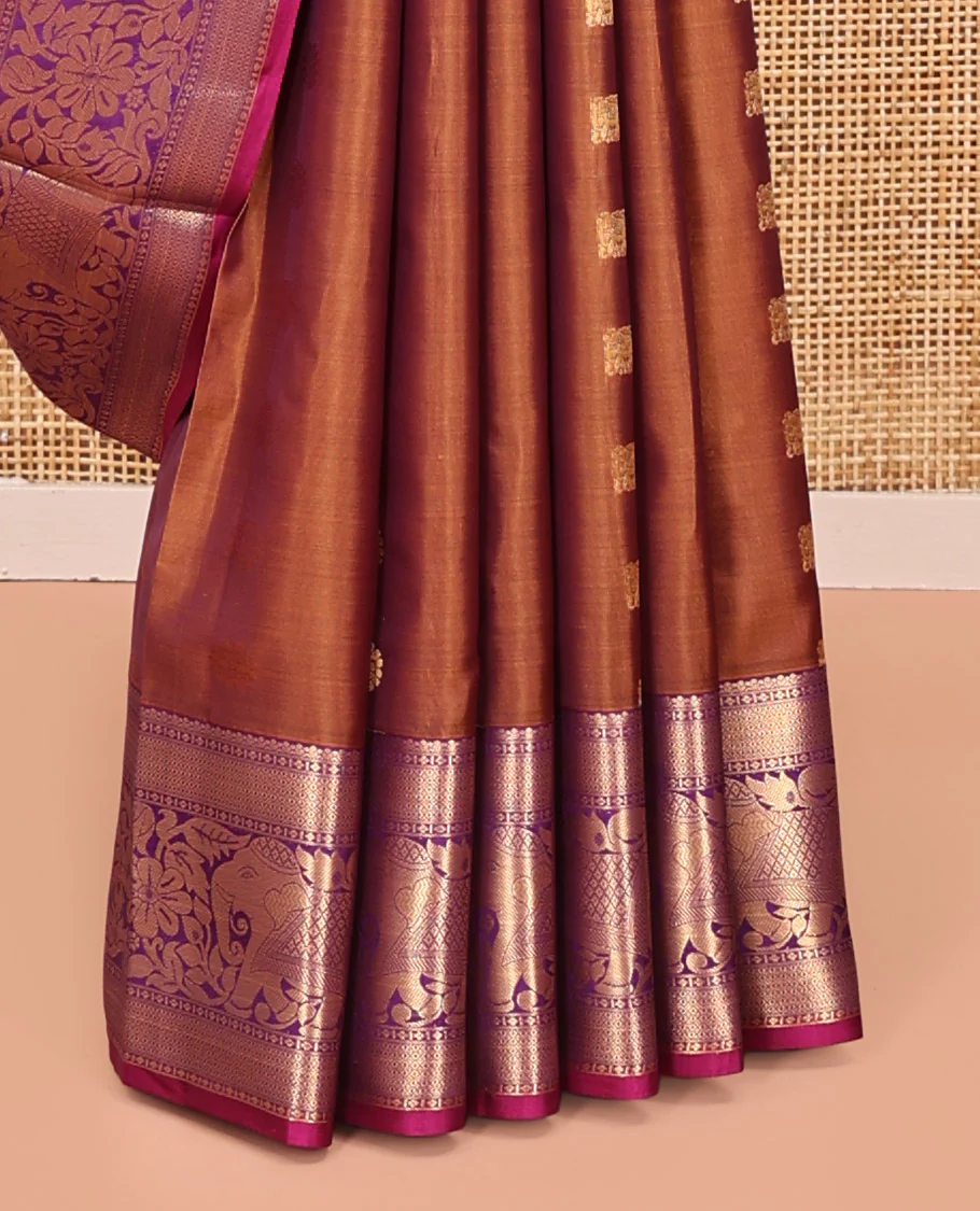 Brown Vasundhara Lite Silk Mix Saree, Subtly Sparkled With Zari Buttas All Over Its Body, Complemented by Mayil Kann And Yaanai Designs, Grand Jaal Pallu and Paired with a Contrast Blouse - Image 4