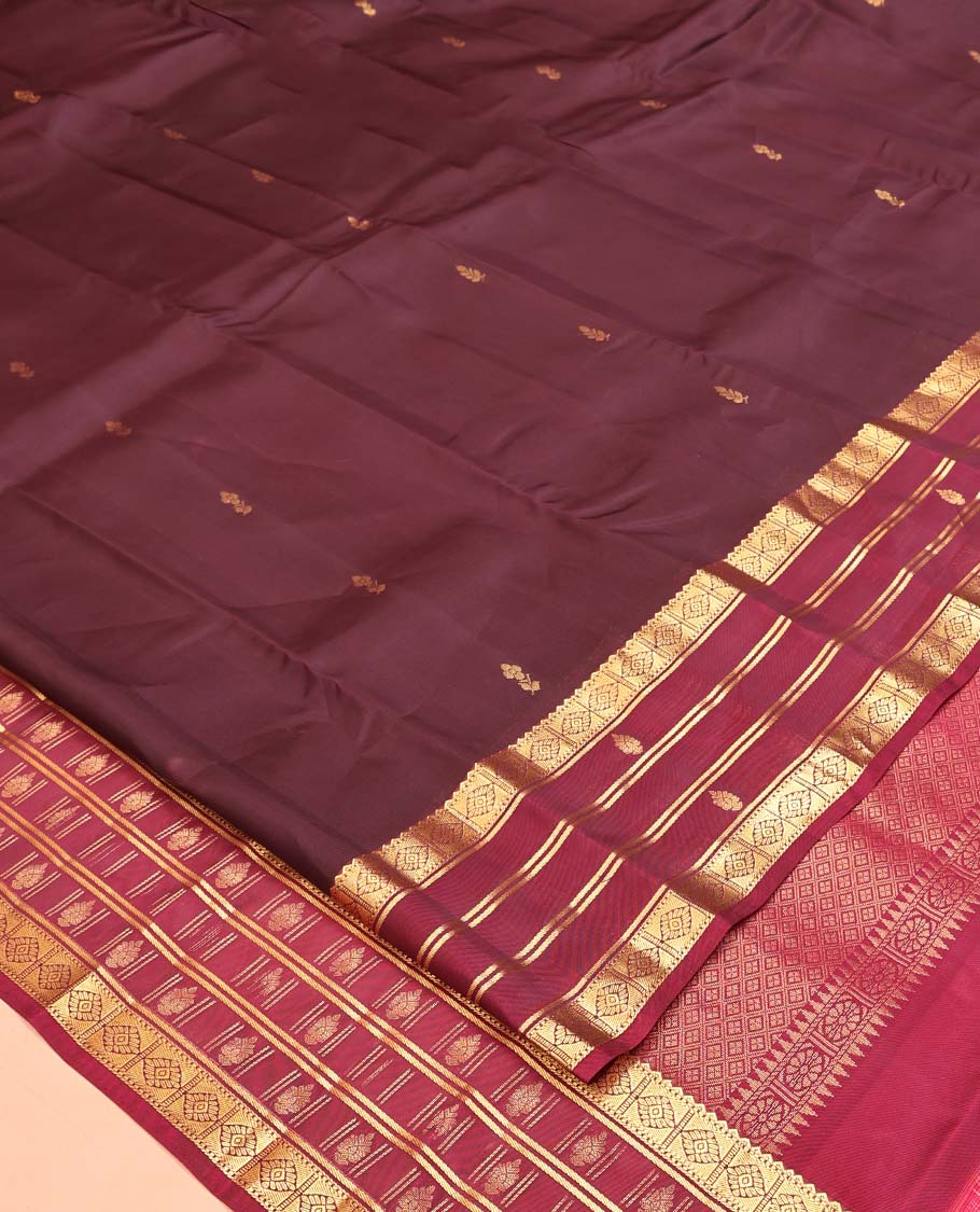 Brown Vasundhara Silk Mix Saree, Adorned with Zari Buttas All Over Its Body, Complemented by Contrast Border of Traditional Zari Designs, Grand Jaal Pallu and Paired with a Contrast Blouse - Image 2