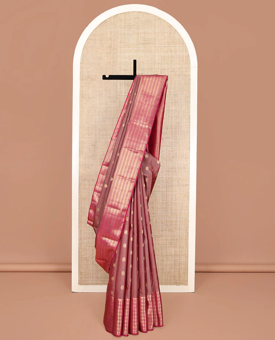 Brown Vasundhara Silk Mix Saree, Enriched with Mayil and Chakram Buttas All Over Its Body, Complemented by Contrast Geometric Patterned Border, Grandly Decked Up Pallu and Paired with a Contrast Blouse