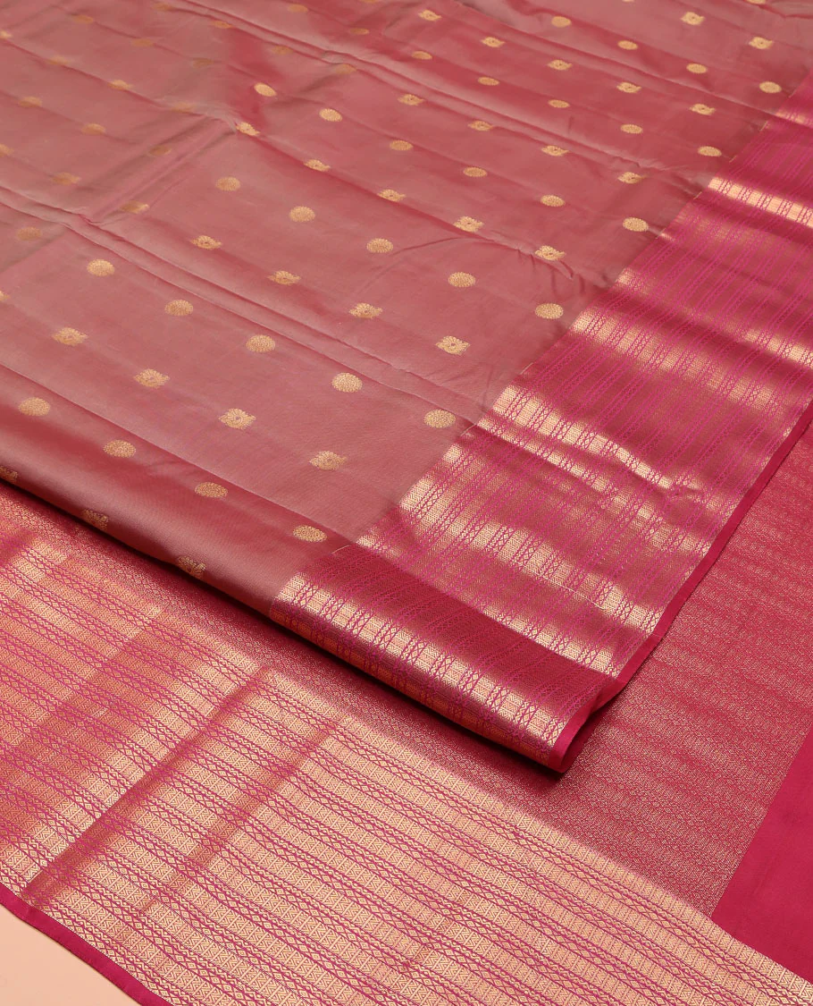 Brown Vasundhara Silk Mix Saree, Enriched with Mayil and Chakram Buttas All Over Its Body, Complemented by Contrast Geometric Patterned Border, Grandly Decked Up Pallu and Paired with a Contrast Blouse - Image 2