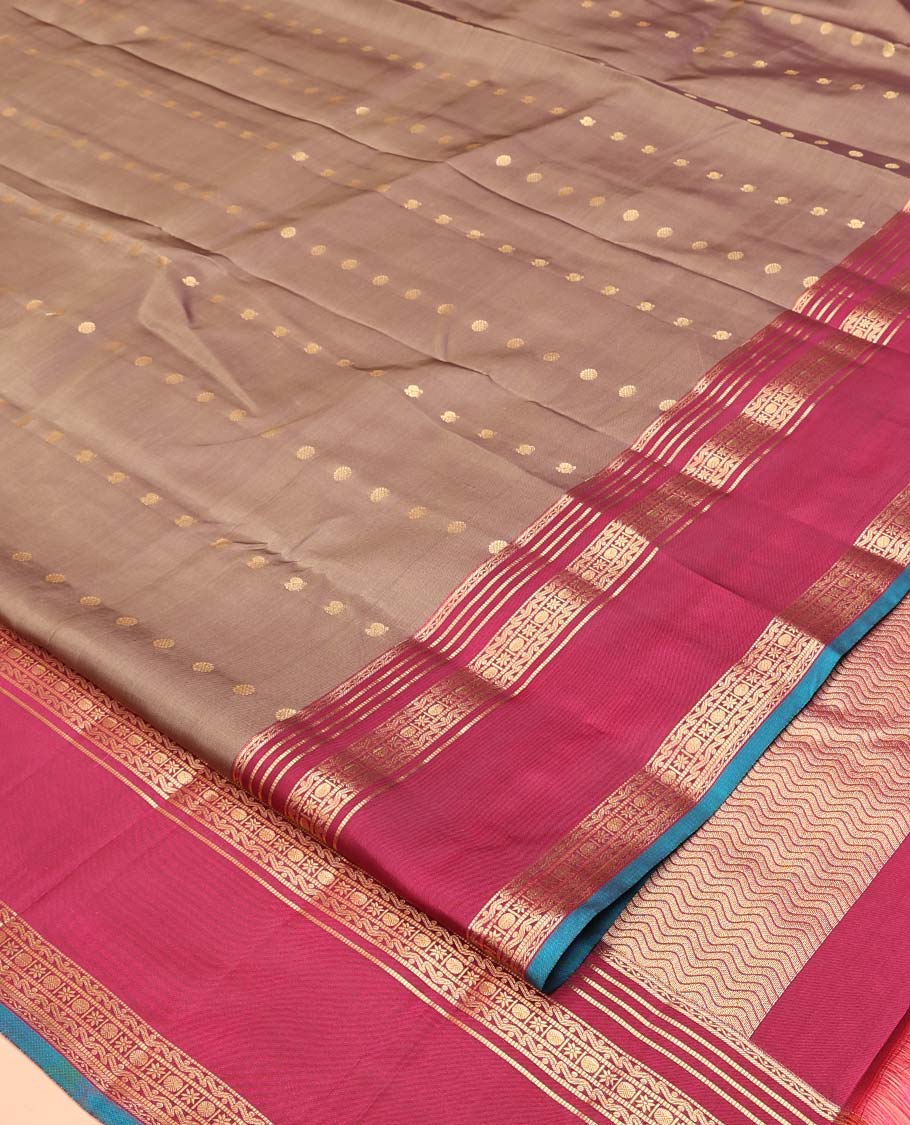 Brown Vasundhara Silk Mix Saree, Enriched with Zari Buttas All Over Its Body, Complemented by Contrast Varisai Pettu Border of Neli, Muthu, Star Kamalam, and Rudraksham Designs, Vanki Design Pallu, and Paired with a Contrast Blouse - Image 2