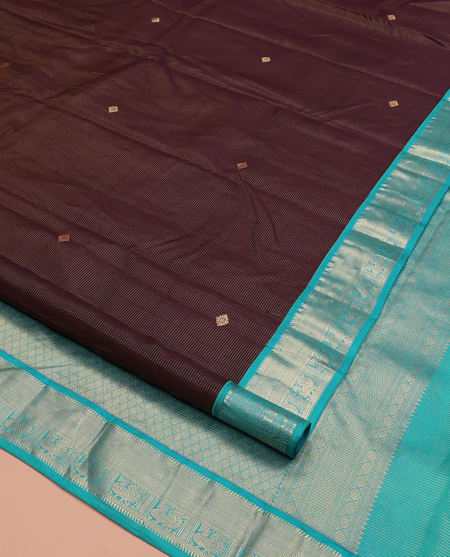 Brown Vasundhara Silk Saree, Charmingly Accented with Stripes and Zari Buttas All Over Its Body, Complemented by a Contrast Border of Rekku, Neli, Kuyil Kann, and Mayil Designs, Grand Jaal Pallu, and Paired with a Contrast Blouse - Image 2
