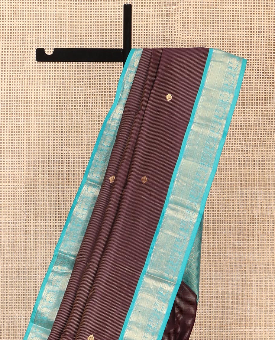 Brown Vasundhara Silk Saree, Charmingly Accented with Stripes and Zari Buttas All Over Its Body, Complemented by a Contrast Border of Rekku, Neli, Kuyil Kann, and Mayil Designs, Grand Jaal Pallu, and Paired with a Contrast Blouse - Image 3