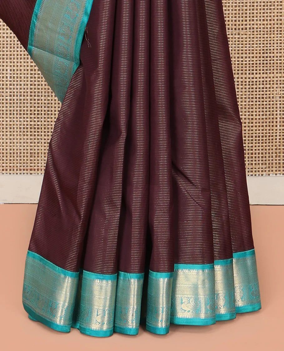 Brown Vasundhara Silk Saree, Charmingly Accented with Stripes and Zari Buttas All Over Its Body, Complemented by a Contrast Border of Rekku, Neli, Kuyil Kann, and Mayil Designs, Grand Jaal Pallu, and Paired with a Contrast Blouse - Image 4
