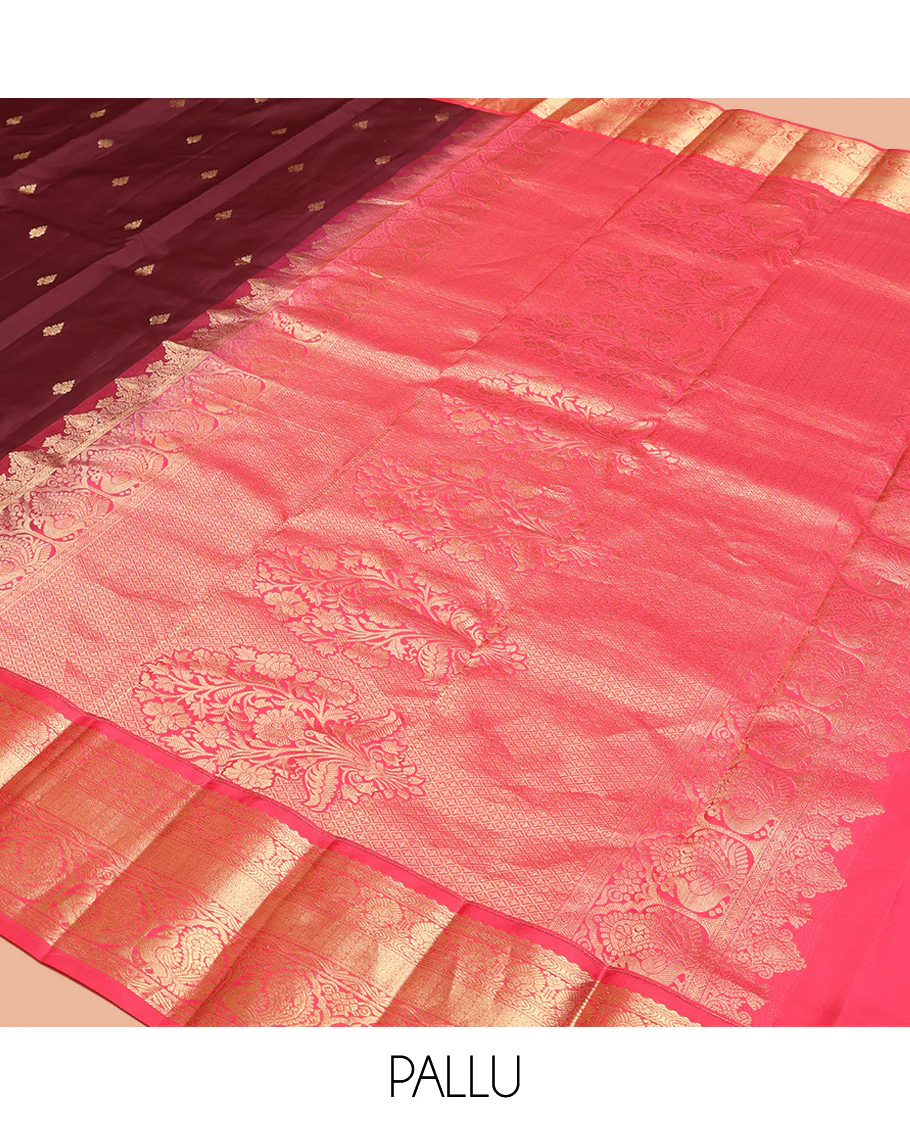 Brown Vasundhara Silk Saree, Decorated with Zari Buttas on Its Body, Complemented by a Contrast Traditional Zari Border of Mayil Designs, Grand Pallu Depicts Jaal and Floral Designs, and Paired with a Contrasting Blouse - Image 10