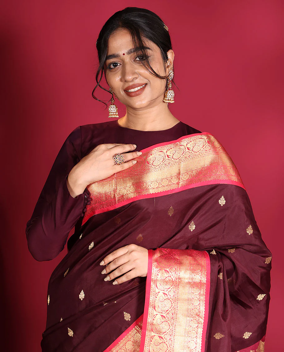 Brown Vasundhara Silk Saree, Decorated with Zari Buttas on Its Body, Complemented by a Contrast Traditional Zari Border of Mayil Designs, Grand Pallu Depicts Jaal and Floral Designs, and Paired with a Contrasting Blouse - Image 2