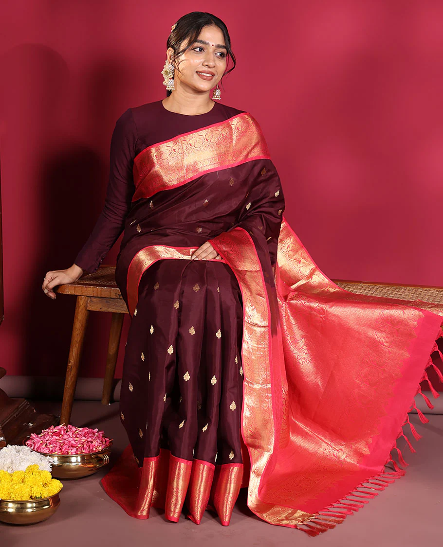 Brown Vasundhara Silk Saree, Decorated with Zari Buttas on Its Body, Complemented by a Contrast Traditional Zari Border of Mayil Designs, Grand Pallu Depicts Jaal and Floral Designs, and Paired with a Contrasting Blouse - Image 3
