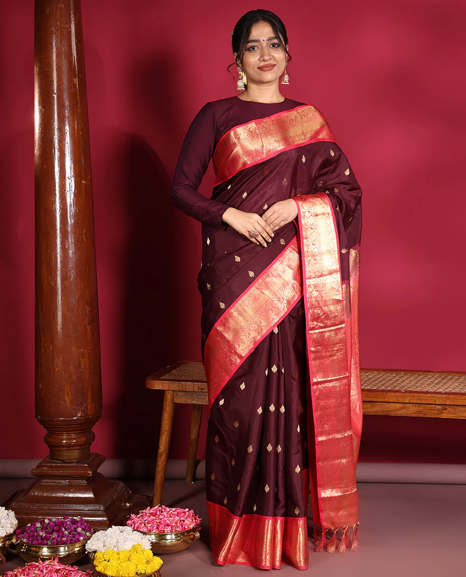 Brown Vasundhara Silk Saree, Decorated with Zari Buttas on Its Body, Complemented by a Contrast Traditional Zari Border of Mayil Designs, Grand Pallu Depicts Jaal and Floral Designs, and Paired with a Contrasting Blouse - Image 4