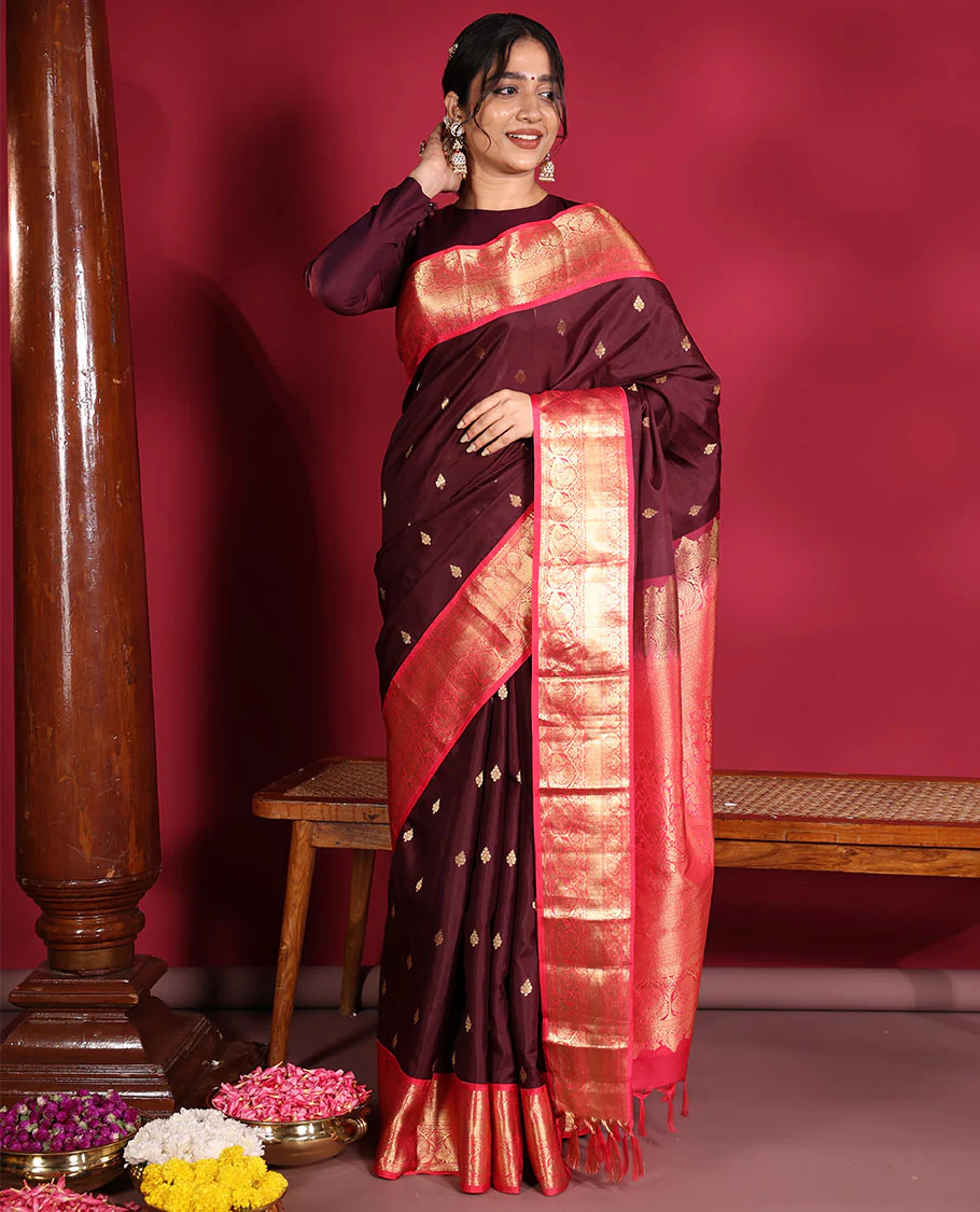 Brown Vasundhara Silk Saree, Decorated with Zari Buttas on Its Body, Complemented by a Contrast Traditional Zari Border of Mayil Designs, Grand Pallu Depicts Jaal and Floral Designs, and Paired with a Contrasting Blouse - Image 5