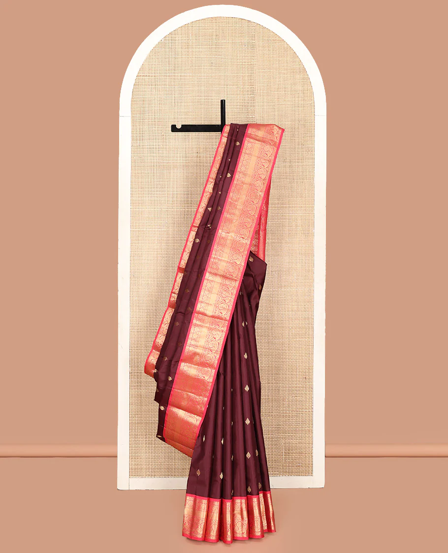 Brown Vasundhara Silk Saree, Decorated with Zari Buttas on Its Body, Complemented by a Contrast Traditional Zari Border of Mayil Designs, Grand Pallu Depicts Jaal and Floral Designs, and Paired with a Contrasting Blouse - Image 6