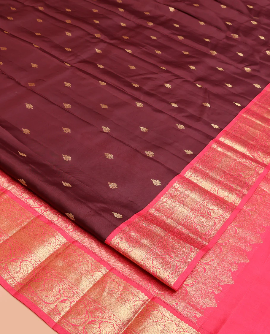 Brown Vasundhara Silk Saree, Decorated with Zari Buttas on Its Body, Complemented by a Contrast Traditional Zari Border of Mayil Designs, Grand Pallu Depicts Jaal and Floral Designs, and Paired with a Contrasting Blouse - Image 7