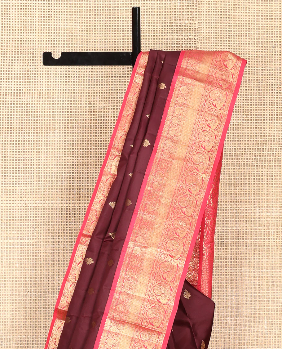 Brown Vasundhara Silk Saree, Decorated with Zari Buttas on Its Body, Complemented by a Contrast Traditional Zari Border of Mayil Designs, Grand Pallu Depicts Jaal and Floral Designs, and Paired with a Contrasting Blouse - Image 8