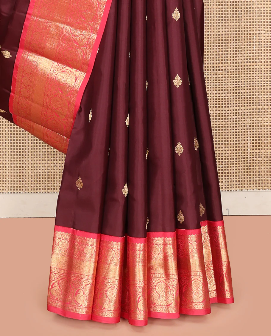 Brown Vasundhara Silk Saree, Decorated with Zari Buttas on Its Body, Complemented by a Contrast Traditional Zari Border of Mayil Designs, Grand Pallu Depicts Jaal and Floral Designs, and Paired with a Contrasting Blouse - Image 9