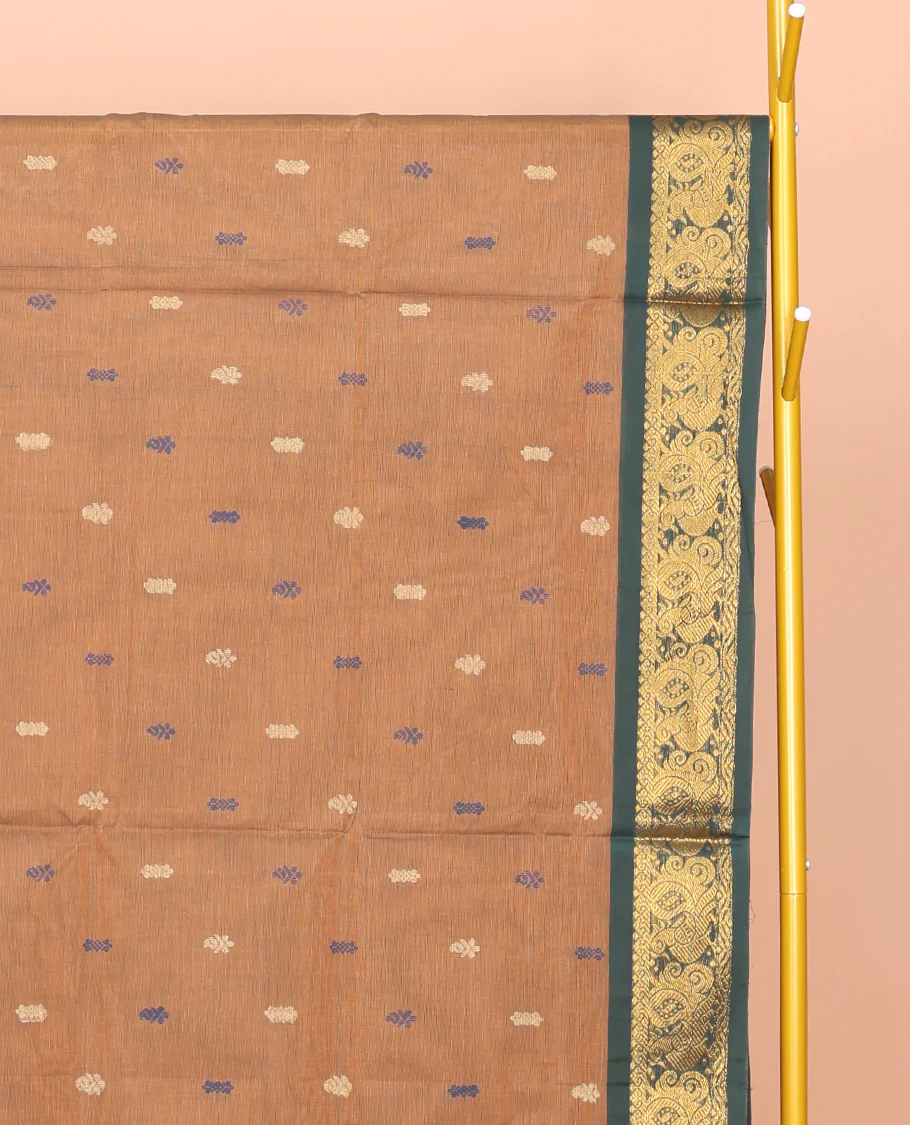 Brown Venkatagiri Cotton Saree, Elevated with Buttas, a Contrast Floral Design Zari Border, Pallu of Buttas and Stripes, and No Blouse - Image 2