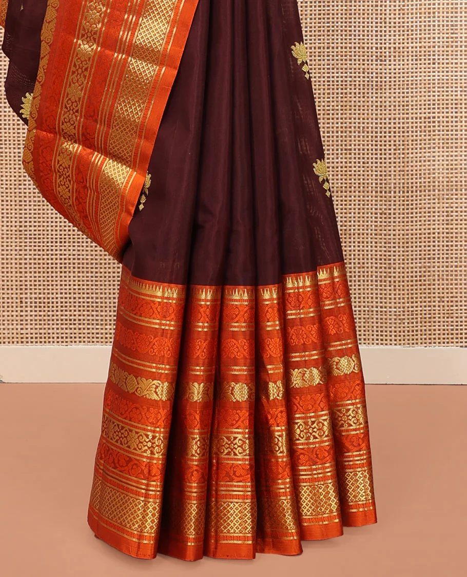 Brown Venkatagiri Silk Saree, Spotlighted with Zari Buttas All Over Its Body, Complemented by a Contrast Border of Temple, Floral, and Peacock-Eye Designs, Pallu of Peacock Eye Designs, and Paired with a Contrast Blouse - Image 3