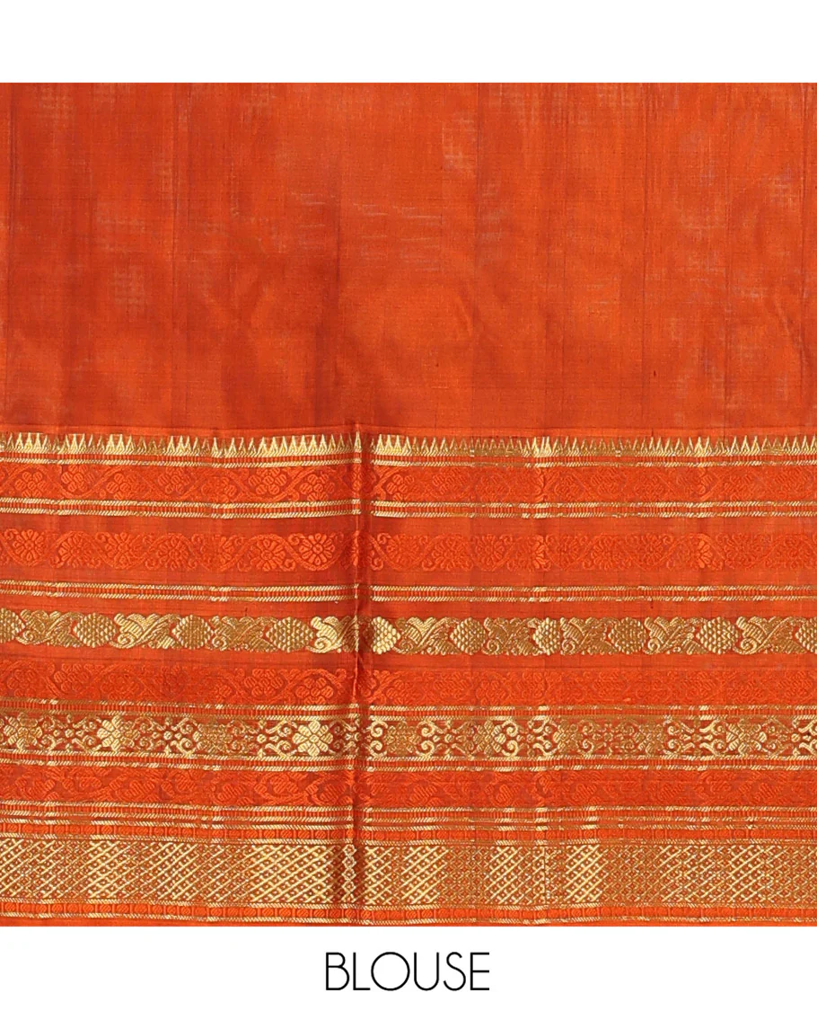 Brown Venkatagiri Silk Saree, Spotlighted with Zari Buttas All Over Its Body, Complemented by a Contrast Border of Temple, Floral, and Peacock-Eye Designs, Pallu of Peacock Eye Designs, and Paired with a Contrast Blouse - Image 5