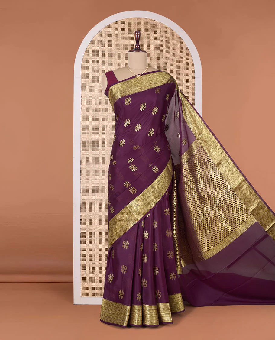 Maroon zari buttas Mysore silk saree, traditional zari border, and pallu of jaal design - Image 2