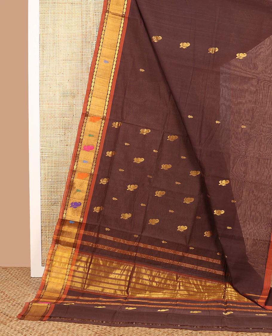 Brown zari buttas Venkatagiri cotton saree with contrast thread work border, and pallu of zari stripes - Image 2
