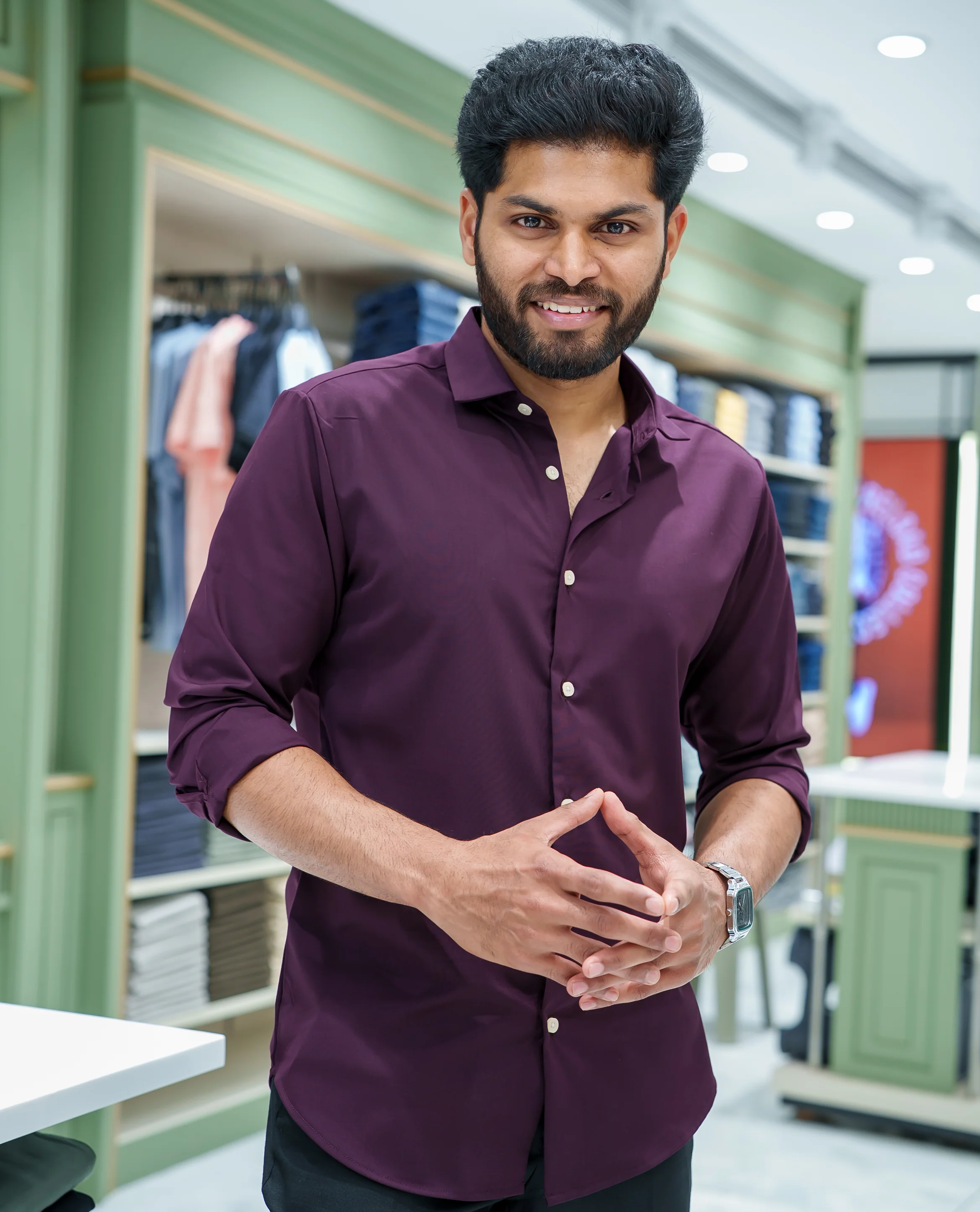 Burgundy Plain Cotton Blended Casual Liquid Shirt, Featuring a Spread Collar, Full Sleeves, Slim Fit, and Regular Length - Image 3