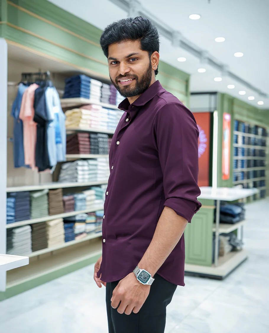 Burgundy Plain Cotton Blended Casual Liquid Shirt, Featuring a Spread Collar, Full Sleeves, Slim Fit, and Regular Length - Image 4