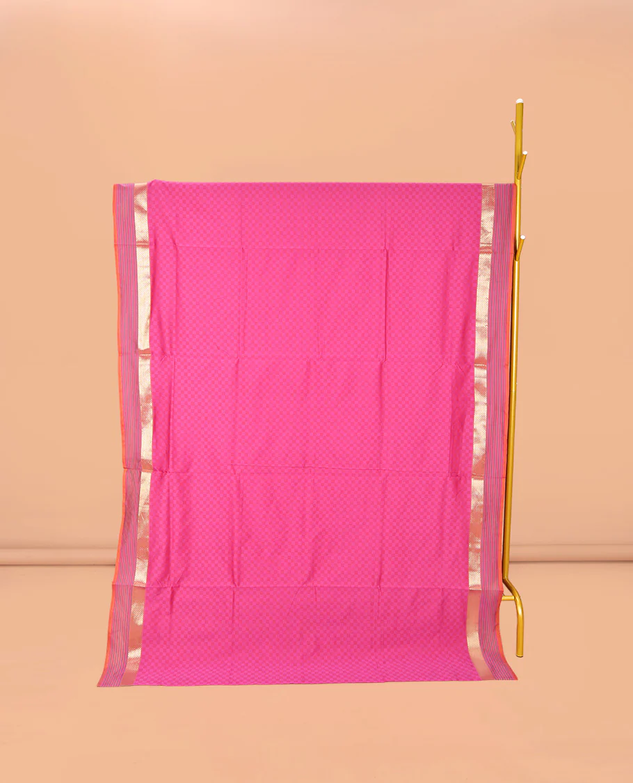Candy Pink Checked Poly Cotton Saree, Complemented by a Contrast Zari Border, Contrast Striped Pallu, and Paired with a Contrast Blouse