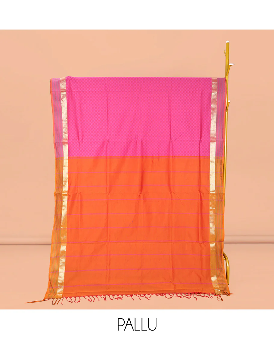 Candy Pink Checked Poly Cotton Saree, Complemented by a Contrast Zari Border, Contrast Striped Pallu, and Paired with a Contrast Blouse - Image 2