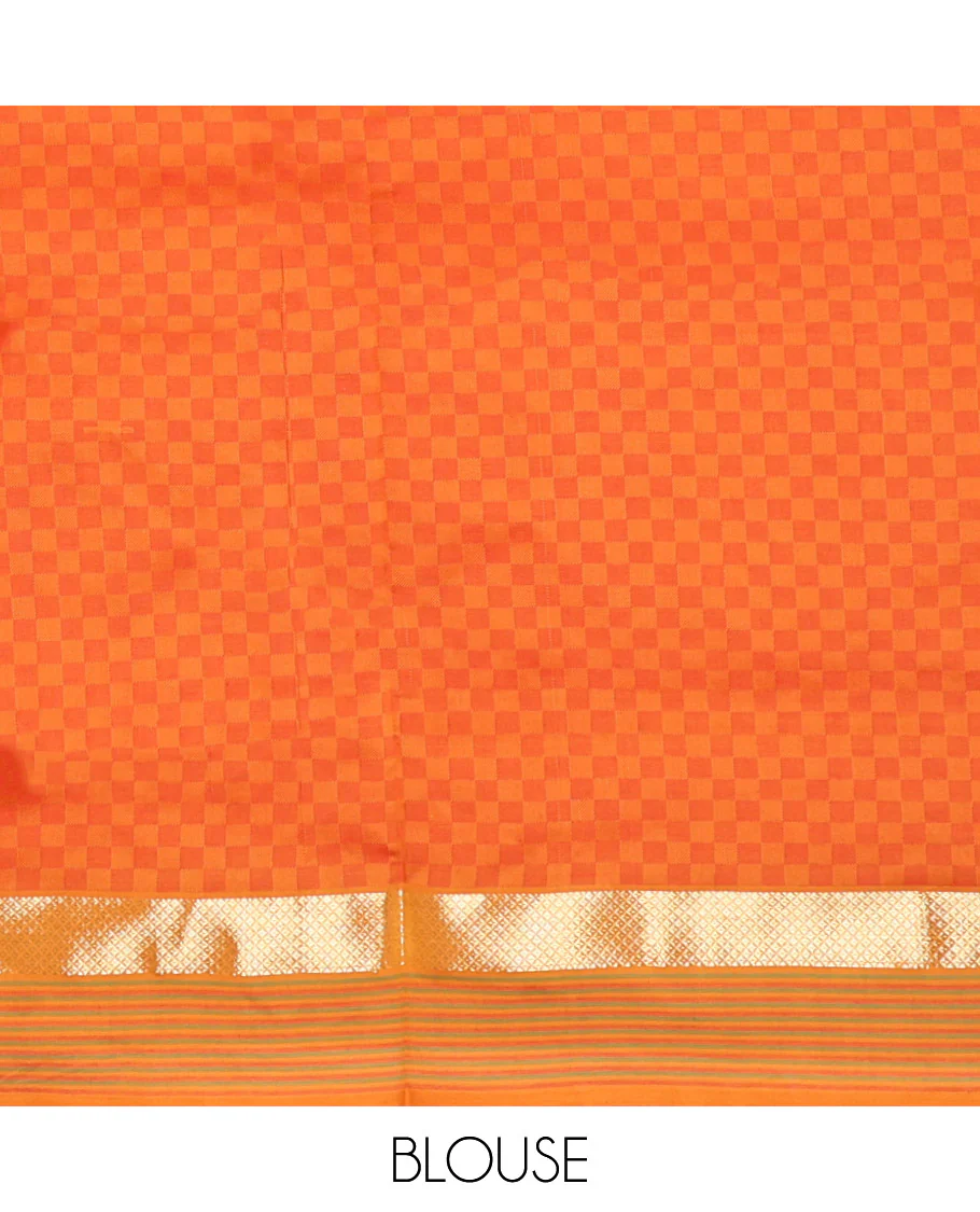 Candy Pink Checked Poly Cotton Saree, Complemented by a Contrast Zari Border, Contrast Striped Pallu, and Paired with a Contrast Blouse - Image 3