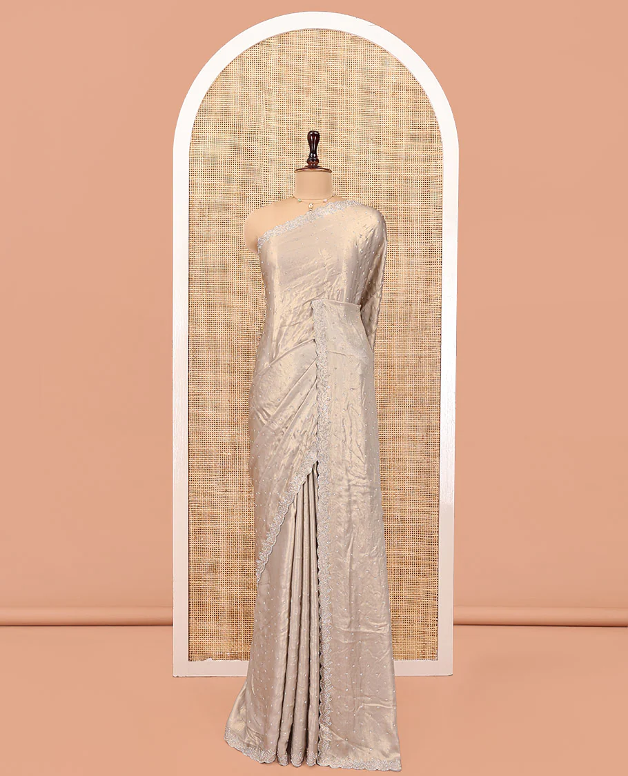 Champagne Designer Saree, Gleamed up with Stone Struck All Over Its Body, Scallop Stone Embroidered Border, and Heavy Embroidered Matching Blouse - Image 3