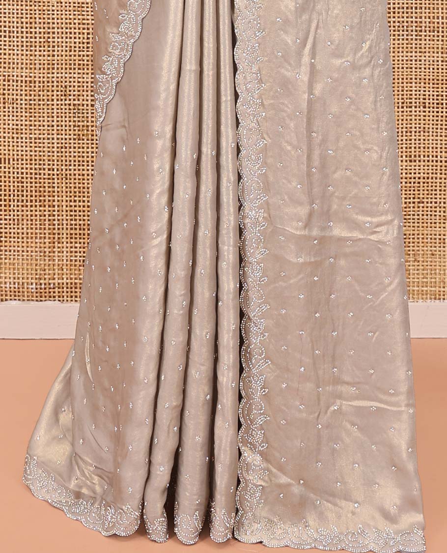 Champagne Designer Saree, Gleamed up with Stone Struck All Over Its Body, Scallop Stone Embroidered Border, and Heavy Embroidered Matching Blouse - Image 4