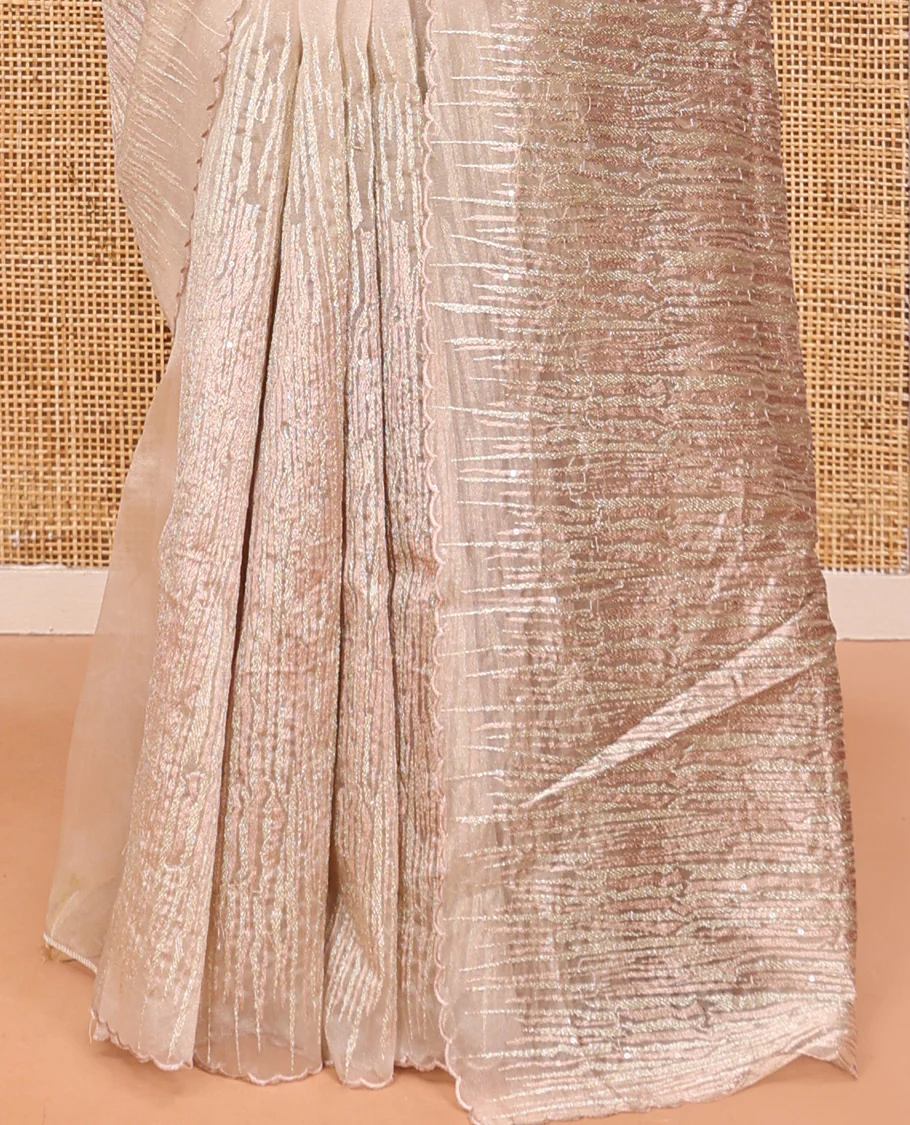 Champagne Organza Saree, Meticulously Crafted with Vine Embroidery, Scallop Embroidery Border, and a Matching Blouse - Image 4