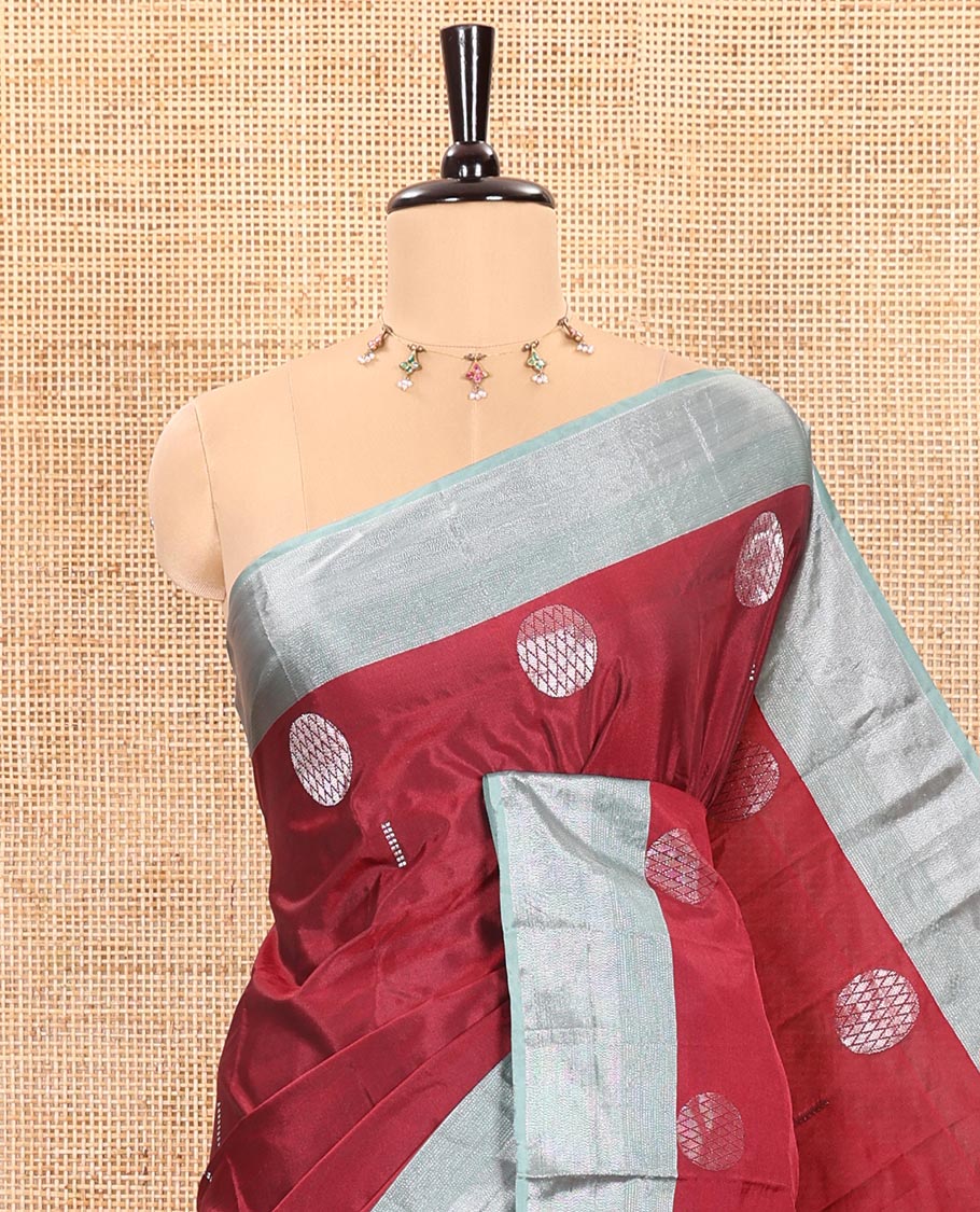 Cherry Red Semi-Soft Silk Saree Featuring Round Silver Zari Buttas Woven Across Its Body, Complemented by a Contrast Zari Design Border, Subtly Made Self-Pallu, and a Matching Blouse - Image 2