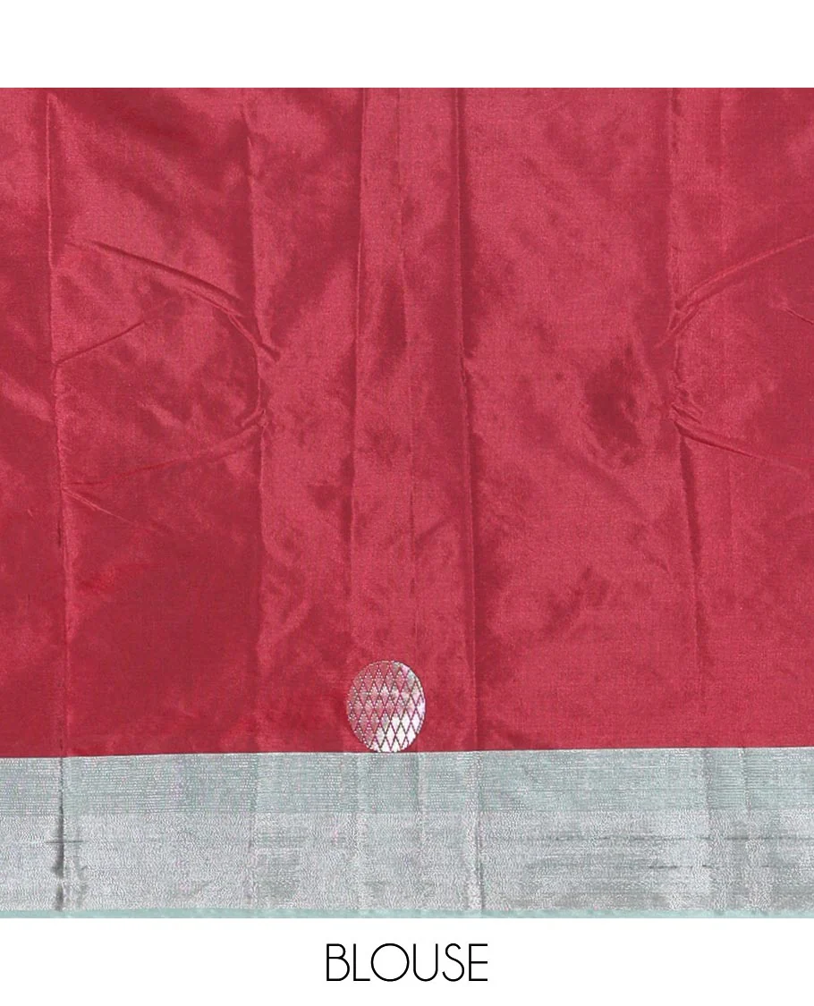 Cherry Red Semi-Soft Silk Saree Featuring Round Silver Zari Buttas Woven Across Its Body, Complemented by a Contrast Zari Design Border, Subtly Made Self-Pallu, and a Matching Blouse - Image 3
