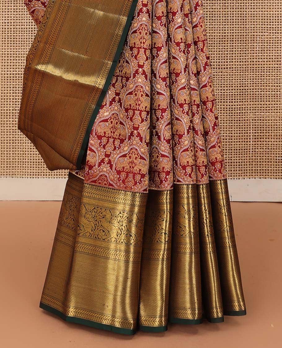 Cherry red yaanai jacquard wedding silk saree, contrast thilakam, muthu, kathir, diamond, kuthirai, and zari stripes, and jaal pallu - Image 5