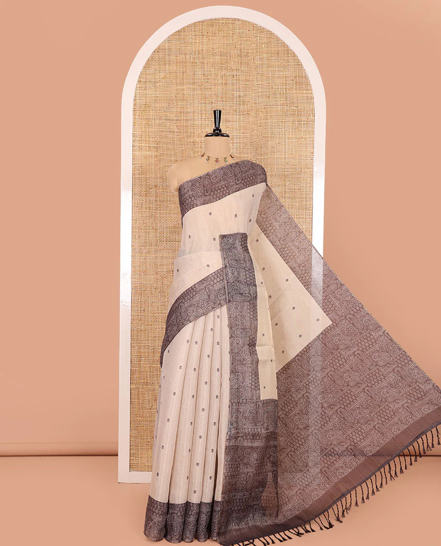 Chikku and Black Tissue Linen Saree, Delicately Printed with Floral Motifs on Its Body, Complemented by a Contrast Border of Paisley Designs, Pallu Steeped with Paisley Designs, and Paired with a Contrast Blouse - Image 7