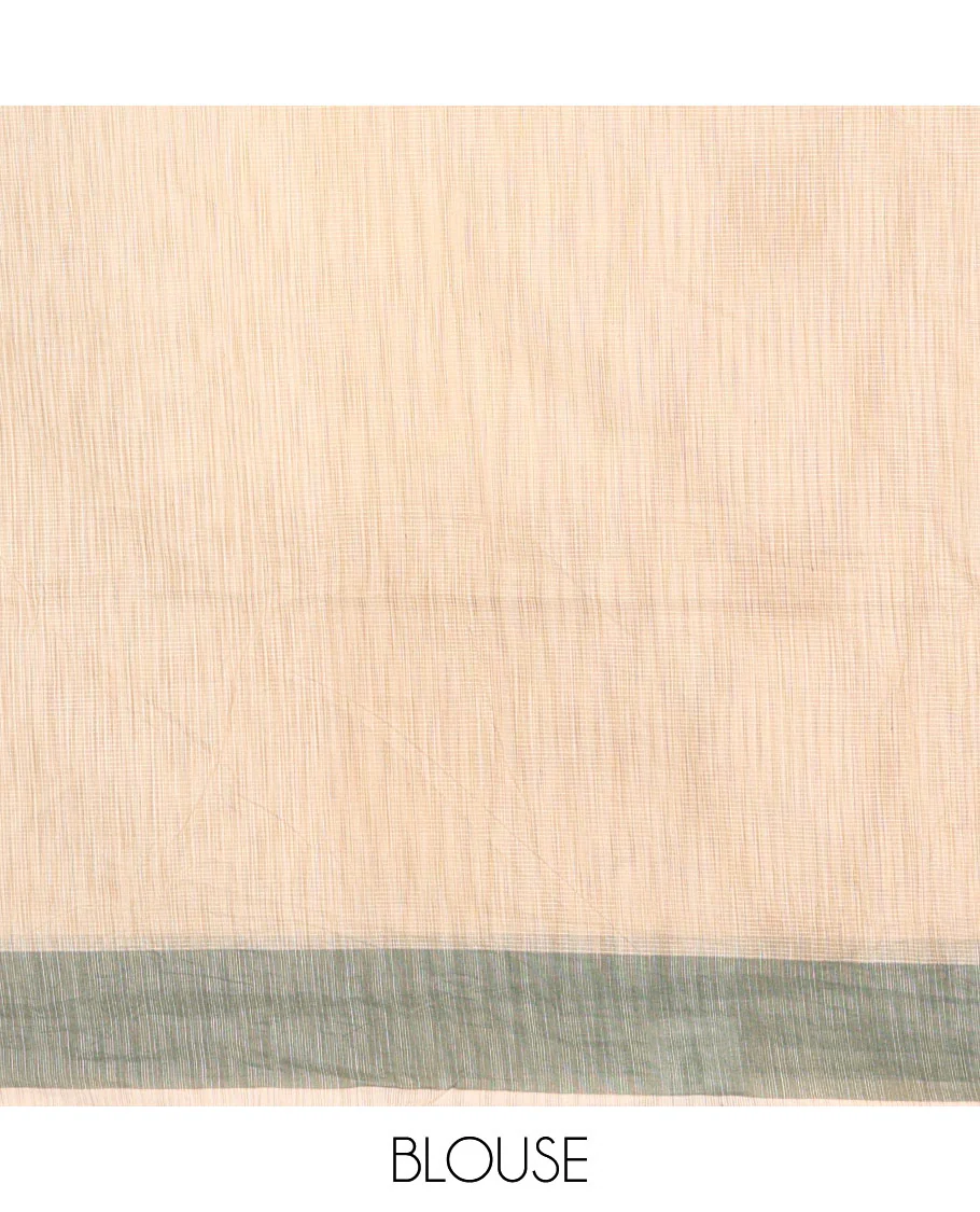 Chikku and Green Kota Cotton Saree Subtly Woven with Zig-Zag Checks in Thread, Subtly Sparkled Contrast Bavanji Border, Plain Pallu, and Paired with a Matching Blouse - Image 3