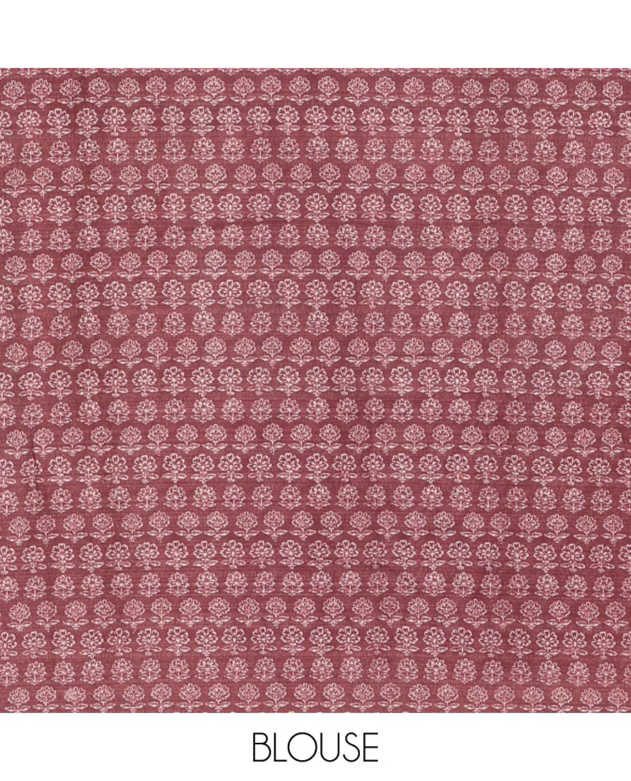 Chikku and Maroon Tissue Linen Saree, Delicately Printed with Floral Motifs on Its Body, Complemented by a Contrast Border of Paisley Designs, Pallu Steeped with Paisley Designs, and Paired with a Contrast Blouse - Image 3