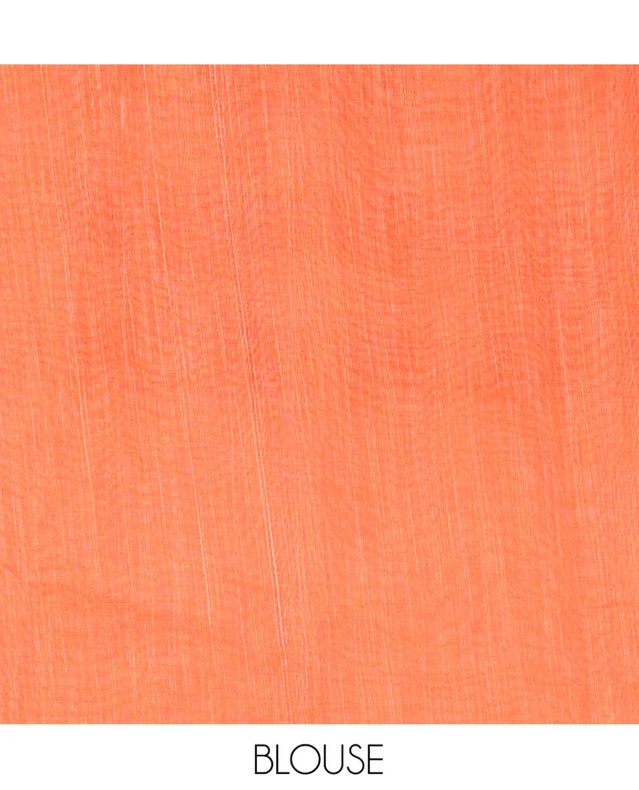 Chikku and Orange Linen Cotton Saree, Elevated with Mirror Work On Its Body, Complemented by Contrast Temple Checked Border of Floral Print and Mirror Work, Pallu Mirrors the Same Design and Paired with a Contrast Blouse - Image 3