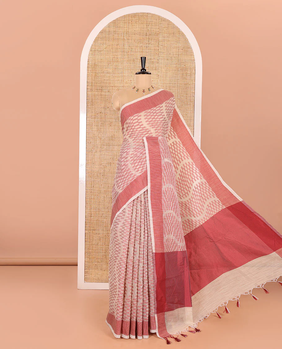 Chikku and Pink Kota Cotton Saree Subtly Woven with Zig-Zag Checks in Thread, Subtly Sparkled Contrast Bavanji Border, Plain Pallu, and Paired with a Matching Blouse - Image 4