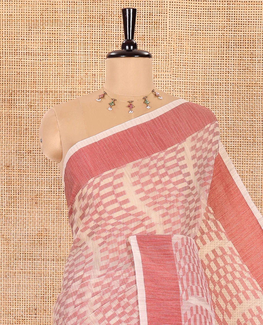 Chikku and Pink Kota Cotton Saree Subtly Woven with Zig-Zag Checks in Thread, Subtly Sparkled Contrast Bavanji Border, Plain Pallu, and Paired with a Matching Blouse - Image 5